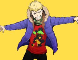 1boy black_pants blonde_hair coat cowboy_shot fur-trimmed_coat fur_collar fur_trim grin long_sleeves male_focus open_clothes open_coat outstretched_arms pants persona persona_5 sakamoto_ryuuji shirt simple_background smile solo spread_arms teeth tsugu_106 yellow_background yellow_eyes