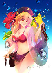 Rule 34 | 1girl, air bubble, alternate costume, bare arms, bare shoulders, bikini, black hat, blonde hair, blue background, blush, breasts, bubble, cleavage, commentary request, cowboy shot, crescent, flower, gradient background, hair between eyes, hat, hibiscus, highres, innertube, junko (touhou), large breasts, leaf, long hair, multicolored eyes, red bikini, red eyes, red flower, sarong, solo, stomach, swim ring, swimsuit, touhou, usuusu, very long hair, wavy hair, white background, yellow eyes, yellow flower
