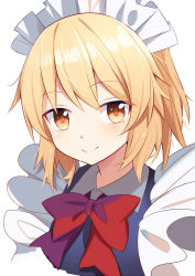 Rule 34 | 1girl, blonde hair, blue dress, bow, closed mouth, dress, e.o., hair between eyes, highres, maid headdress, md5 mismatch, mugetsu (touhou), red bow, red neckwear, short hair, smile, solo, touhou, touhou (pc-98), yellow eyes