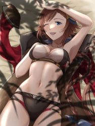 Rule 34 | 1girl, arm up, armpits, beach, bikini, black bikini, blue eyes, braid, braided ponytail, breasts, brown hair, coat, commentary, dappled sunlight, from above, granblue fantasy, hair ornament, hand on own chest, leona (granblue fantasy), long hair, looking at viewer, lying, medium breasts, mismatched bikini, multi-strapped bikini, navel, on back, one eye closed, open mouth, red coat, rei (happily-blue-butterfly), short hair, single braid, smile, solo, sunlight, swimsuit, very long hair, white bikini