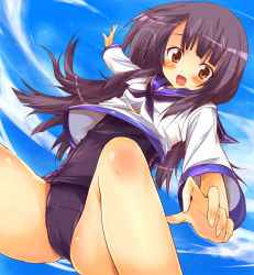 Rule 34 | 1girl, bad id, bad pixiv id, black hair, blush, brown eyes, huei nazuki, long hair, no pants, one-piece swimsuit, school swimsuit, school uniform, serafuku, solo, strike witches, swimsuit, swimsuit under clothes, world witches series, yamakawa michiko