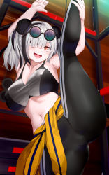 Rule 34 | 1girl, absurdres, animal ears, arknights, armpits, arms up, black hair, blush, breasts, clothes lift, covered erect nipples, eyewear on head, feater (arknights), feater (dojo star) (arknights), hair over one eye, highres, holding leg, kusaka souji, large breasts, multicolored hair, navel, official alternate costume, panda ears, panda girl, pants, purple-tinted eyewear, round eyewear, shirt lift, short hair, silver hair, smile, solo, solo focus, split, standing, standing on one leg, standing split, streaked hair, striped, sunglasses, sweat, tank top, tight clothes, tight pants, tinted eyewear, twintails, vertical stripes, yellow eyes, yoga pants