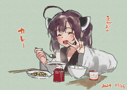 Rule 34 | 1girl, :d, ^ ^, ahoge, blush, bowl, brown hair, closed eyes, dated, facing viewer, food, food request, green background, headgear, holding, holding spoon, japanese clothes, kimono, lamb (hitsujiniku), long sleeves, open mouth, plate, rice, simple background, smile, solo, spoon, table, teeth, touhoku kiritan, translation request, twintails, upper teeth only, v, voiceroid, white kimono, wide sleeves