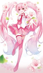 Rule 34 | 1girl, boots, cherry blossoms, detached sleeves, female focus, full body, gradient hair, hatsune miku, highres, holding, holding clothes, holding skirt, leaf, long hair, looking at viewer, multicolored hair, necktie, outstretched arm, pink eyes, pink footwear, pink hair, pink skirt, ruk (spi1116), sakura miku, shirt, simple background, skirt, sleeveless, sleeveless shirt, smile, snowflakes, solo, thigh boots, thighhighs, twintails, very long hair, vocaloid, white background, zettai ryouiki