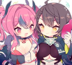 Rule 34 | 2girls, :d, ahoge, azur lane, baltimore (azur lane), bikini, bikini under clothes, black choker, blue coat, blue jacket, blush, braid, breast press, breasts, bremerton (azur lane), brown hair, center opening, choker, cleavage, clothing cutout, coat, collar, collarbone, commentary request, crop top, crop top overhang, crossed bangs, fang, french braid, gloves, grey hair, hair between eyes, hair intakes, hair ornament, hand up, holding, holding removed eyewear, hood, hood down, hooded coat, jacket, large breasts, leotard, lifebuoy, long hair, long sleeves, looking at viewer, midriff, multicolored coat, multicolored hair, multiple girls, no mole, off-shoulder jacket, off-shoulder shirt, off shoulder, open clothes, open coat, open jacket, open mouth, outline, peroppafu, pink bikini, pink eyes, pink hair, red-tinted eyewear, shirt, short hair, side-by-side, sidelocks, simple background, single bare shoulder, skin fang, smile, sparkle, stomach cutout, streaked hair, sunglasses, sunglasses removed, swim ring, swimsuit, symmetrical docking, tinted eyewear, twintails, two-tone hair, two-tone shirt, underboob, underboob cutout, unworn eyewear, upper body, white background, white gloves, white leotard, wristband, yellow eyes