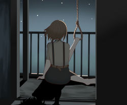 Rule 34 | 1girl, balcony, barefoot, belt, brown hair, commentary, english commentary, from behind, highres, indoors, itsuwami, night, night sky, noose, original, rope, shirt, skirt, sky, solo, star (sky), suicide, suspender skirt, suspenders, white shirt