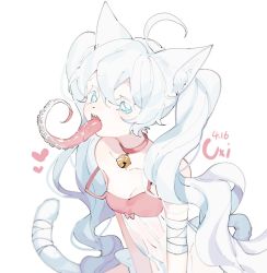 Rule 34 | 1girl, ahoge, animal ear fluff, animal ears, artist name, asphyxia17, babydoll, bandaged arm, bandaged tail, bandages, bell, blue eyes, blurry, blurry background, bow, breasts, cat ears, cat tail, chinese commentary, collar, collarbone, commentary request, dated, hair between eyes, heart, jingle bell, leaning forward, long hair, long tongue, looking at viewer, open mouth, original, pink babydoll, pink bow, pink collar, sharp teeth, simple background, small breasts, solo, strap slip, tail, teeth, tentacle tongue, tongue, tongue out, twintails, upper teeth only, very long hair, wavy hair, white background, white hair, white tail