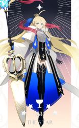 Rule 34 | 1girl, absurdres, ahoge, armor, armored dress, artoria caster (fate), artoria caster (third ascension) (fate), artoria pendragon (fate), black footwear, black gloves, black ribbon, blonde hair, blue bow, blue ribbon, boots, bow, bracelet, chalice, crown, cup, diamond (shape), dress, elbow gloves, fate/grand order, fate (series), full body, fur trim, gloves, green eyes, hair between eyes, hair bow, hair ribbon, highres, holding, holding weapon, jewelry, long hair, long sleeves, looking at viewer, marmyadose (fate), multicolored clothes, multicolored dress, multicolored ribbon, ninjin (ne f g o), ornament, red ribbon, ribbon, simple background, smile, solo, star (symbol), tarot, the star (tarot), thigh boots, twintails, very long hair, weapon, white dress, white fur