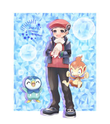 Rule 34 | 1boy, :d, artist name, beret, black hair, blush, border, chimchar, cocoloco, creatures (company), dated, game freak, gen 4 pokemon, grey eyes, hat, jacket, lucas (pokemon), male focus, nintendo, open clothes, open jacket, open mouth, own hands together, pants, piplup, poke ball print, pokemon, pokemon (creature), pokemon dppt, pokemon platinum, red shirt, scarf, shirt, shoes, short hair, smile, standing, twitter username, white border, white scarf