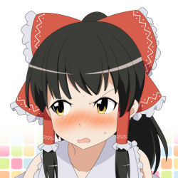 Rule 34 | 1girl, angry, bare shoulders, black hair, blush, bow, cato (monocatienus), check commentary, commentary, commentary request, frilled shirt collar, frills, full-face blush, hair bow, hair ribbon, hair tubes, hakurei reimu, large bow, long hair, looking away, multicolored background, open mouth, ribbon, solo, sweat, grid background, touhou, tsundere, white background, yellow eyes