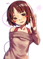 Rule 34 | 1girl, absurdres, arm behind back, arm up, artist name, bare shoulders, blush stickers, breasts, brown eyes, brown hair, brown sweater, commentary, demon tail, english commentary, film grain, half-closed eyes, highres, long sleeves, looking at viewer, miyu (tiny evil), najucaju naju, off-shoulder sweater, off shoulder, open mouth, parted bangs, pink tail, pink tank top, short hair, simple background, small breasts, solo, sweater, tail, tank top, teeth, tiny evil, upper body, upper teeth only, white background
