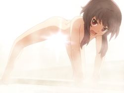 Rule 34 | 1girl, ass, barefoot, bath, blush, brown hair, commentary request, completely nude, convenient censoring, feet, female focus, hair censor, kono subarashii sekai ni shukufuku wo!, light censor, looking at viewer, megumin, nude, open mouth, red eyes, shirosato, short hair, solo, steam, toes, water drop, wet