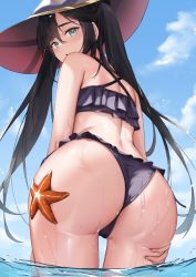 Rule 34 | 1girl, alternate costume, ass, ass focus, back, bare arms, bare shoulders, bikini, black hair, blue sky, blush, cameltoe, cowboy shot, day, frilled bikini, frills, from behind, genshin impact, gold trim, green eyes, hand on own thigh, hat, huge ass, long hair, looking at viewer, looking back, mona (genshin impact), outdoors, partially submerged, partially underwater shot, purple bikini, purple headwear, raised eyebrows, skai kun, sky, starfish, swept bangs, swimsuit, thighs, twintails, underwater, wading, water, wet, witch hat