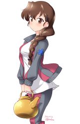 Rule 34 | 1girl, alternate costume, black ribbon, blush, braid, brown eyes, brown hair, closed mouth, commentary, dated, emblem, girls und panzer, grey jacket, grey pants, hair ornament, hair over shoulder, hair ribbon, hairclip, highres, holding, holding kettle, jacket, kettle, kuzuryuu kennosuke, long hair, looking at viewer, one-hour drawing challenge, open clothes, open jacket, pants, ribbon, rukuriri (girls und panzer), shirt, simple background, single braid, solo, standing, track jacket, track pants, track suit, twitter username, white background, white shirt