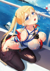 Rule 34 | 10s, 1girl, anchor symbol, arms behind back, ass, bare shoulders, bdsm, bird, black pantyhose, black skirt, blonde hair, blue eyes, blush, boat, bondage, bound, breasts, butt crack, candy, collarbone, criin (659503), cross, food, gloves, graf zeppelin (kancolle), hair between eyes, hat, kantai collection, kneeling, large breasts, lollipop, looking at viewer, no panties, pantyhose, peaked cap, shibari, skirt, solo focus, teeth, torn clothes, torn legwear, twintails, water, watercraft, white gloves