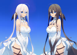 Rule 34 | 2girls, absurdres, ahoge, bare shoulders, black gloves, black hair, black ribbon, blue background, blue eyes, blush, bow, bowtie, breasts, cleavage, closed mouth, cowboy shot, dress, elbow gloves, female focus, gloves, gradient background, hair between eyes, hair ribbon, happy, highres, large breasts, light blush, long hair, looking at viewer, multiple girls, nana ann, original, own hands together, raised eyebrows, ribbon, siblings, sidelocks, simple background, sisters, smile, standing, strapless, strapless dress, symmetry, thigh strap, thighs, twins, twintails, v arms, very long hair, white bow, white bowtie, white dress, white gloves, white hair