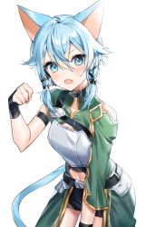 Rule 34 | 1girl, :o, animal ears, aqua eyes, aqua hair, arm strap, armor, asymmetrical sleeves, bad id, bad pixiv id, belt, belt collar, black belt, black gloves, blush, breastplate, breasts, cat ears, cat tail, clothing cutout, collar, collarbone, commentary, cowboy shot, fang, faulds, fingerless gloves, glint, gloves, green shirt, hair between eyes, hair ornament, hair ribbon, hand up, highres, juju (jelly fever), leaning forward, looking at viewer, medium breasts, navel, navel cutout, paw pose, ribbon, shirt, short hair, short hair with long locks, short shorts, shorts, shoulder cutout, sidelocks, simple background, sinon, sinon (sao-alo), solo, standing, sweatdrop, sword art online, tail, uneven sleeves, waistcoat, white background