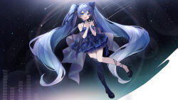 Rule 34 | 1girl, absurdly long hair, absurdres, asymmetrical legwear, bare shoulders, black footwear, blue dress, blue eyes, blue hair, blue ribbon, blue thighhighs, breasts, commentary request, cupping hands, dress, floating, frilled dress, frills, full body, hair between eyes, hair intakes, hair ribbon, hands up, hatsune miku, high heels, highres, knees together feet apart, layered dress, lens flare, long hair, looking at viewer, mismatched legwear, noneon319, own hands together, ribbon, see-through, short dress, single thighhigh, small breasts, solo, thighhighs, twintails, very long hair, vocaloid