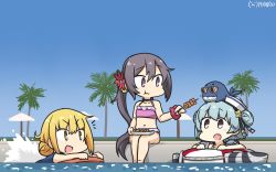 Rule 34 | 1other, 3girls, akebono (kancolle), animal, animal on head, beach umbrella, bell, bikini, black ribbon, blonde hair, blue hair, blue one-piece swimsuit, blue sky, commentary request, dated, day, dixie cup hat, double bun, fang, flower, food, hair bell, hair bun, hair flower, hair ornament, hamu koutarou, hat, hat ribbon, highres, innertube, jingle bell, kantai collection, kebab, kickboard, little blue whale (kancolle), long hair, low twintails, military hat, multiple girls, on head, one-hour drawing challenge, one-piece swimsuit, open mouth, outdoors, palm tree, pink bikini, poolside, purple eyes, purple hair, ribbon, samuel b. roberts (kancolle), satsuki (kancolle), school swimsuit, short hair, side ponytail, skin fang, sky, sunglasses, swim ring, swimsuit, tree, twintails, umbrella, very long hair, whale, white headwear, x navel, yellow eyes