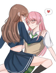 Rule 34 | 2girls, absurdres, bang dream!, bang dream! it&#039;s mygo!!!!!, black socks, blue shirt, blue skirt, blush, brown hair, brown sweater vest, chihaya anon, collared shirt, commentary, diagonal-striped clothes, diagonal-striped necktie, eye contact, glasses, green necktie, green skirt, grey eyes, haneoka school uniform, hashtag-only commentary, heart, highres, long hair, long sleeves, looking at another, midriff, multiple girls, nagasaki soyo, necktie, nins, pink hair, plaid clothes, plaid skirt, pleated skirt, school uniform, shirt, short sleeves, sidelocks, simple background, skirt, socks, spoken heart, striped clothes, sweatdrop, sweater vest, tsukinomori school uniform, white background, white shirt, yuri