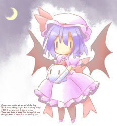 Rule 34 | 1girl, bad id, bad pixiv id, bat wings, carrying, chibi, crescent moon, elbow gloves, gloves, hat, kedama (touhou), looking at viewer, mob cap, moon, purple hair, remilia scarlet, short hair, solo, tilde (ice cube), touhou, white gloves, wings, | |