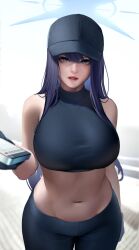 Rule 34 | 1girl, bare shoulders, baseball cap, black gloves, black hat, black pants, black shirt, blue archive, blue eyes, blue hair, breasts, commentary, cowboy shot, crop top, english commentary, gloves, halo, hat, highres, large breasts, lips, long hair, looking at viewer, navel, nine (kanine41), open mouth, pants, saori (blue archive), shirt, sleeveless, sleeveless shirt, solo