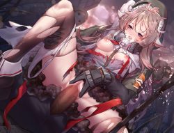 Rule 34 | 1girl, arknights, breasts, brown hair, censored, eyjafjalla (arknights), horns, mosaic censoring, multiple boys, nipples, outdoors, panties, panties around leg, penis, pussy, rape, respirator, reunion soldier (arknights), reverse cowgirl position, sex, sex from behind, sheep horns, solo focus, spread legs, straddling, ten no hoshi, torn clothes, torn legwear, underwear, vaginal, white panties