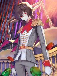 Rule 34 | 1boy, akechi gorou, arms at sides, belt, black hair, brown hair, commentary request, from below, gloves, hair between eyes, highres, jacket, kyundoo, looking at viewer, male focus, motion blur, persona, persona 5, persona 5 the royal, poker chip, red eyes, ship, short hair, smile, solo, sword, tagme, watercraft, weapon, white gloves