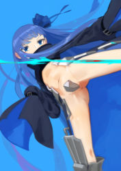 Rule 34 | 10s, 1girl, armor, armored boots, black coat, blue background, blue eyes, blue hair, blue ribbon, boots, coat, crotch plate, fate/extra, fate/extra ccc, fate/grand order, fate (series), from below, hair ornament, hair ribbon, highres, larry (anjisbai), long hair, long sleeves, looking at viewer, meltryllis (fate), navel, revealing clothes, ribbon, shiny skin, simple background, sleeves past fingers, sleeves past wrists, solo