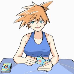 1girl animated animated_gif asymmetrical_hair bare_shoulders blue_bra bra breasts card_(object) creatures_(company) female_focus game_freak gen_1_pokemon green_eyes gym_leader hair_between_eyes hair_tie highres looking_at_viewer medium_breasts misty_(pokemon) navel nintendo open_mouth orange_hair pokemon pokemon_(anime) pokemon_frlg pokemon_rgby ponytail shirt short_hair side_ponytail solo sports_bra tomin0222 underwear upper_body wristband