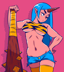 Rule 34 | 1girl, akairiot, bare arms, black bra, blue eyes, blue hair, bra, breasts, buttons, closed mouth, club, club (weapon), cowboy shot, eyelashes, groin, hand on own hip, highres, kanabou, large breasts, long hair, looking to the side, midriff, monster girl, multicolored bra, multicolored clothes, navel, one eye closed, original, pink background, pointy ears, short shorts, shorts, skindentation, solo, sports bra, stomach, thick eyebrows, thighhighs, thighs, two-tone sports bra, underboob, underwear, weapon, yellow bra, yellow thighhighs