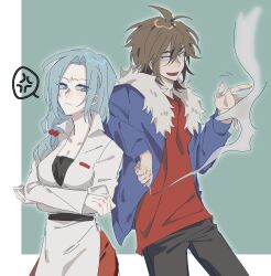 Rule 34 | 1boy, 1girl, anger vein, belt, black belt, black pants, black shirt, blue eyes, blue hair, blue jacket, breasts, brown hair, chinese commentary, cigarette, cleavage, closed mouth, collarbone, commentary request, crossed arms, enomoto noa, frown, fur-trimmed jacket, fur trim, green eyes, hair between eyes, hair bobbles, hair ornament, height difference, highres, holding, holding cigarette, isoi reiji, jacket, light blue hair, long sleeves, low ponytail, medium breasts, medium hair, open clothes, open jacket, open mouth, pants, parted bangs, red pants, red shirt, saibou shinkyoku, shirt, short hair, side ponytail, smile, smoke, spoken anger vein, xinjinjumin4607567