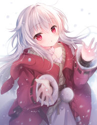 Rule 34 | 1girl, animal ears, animal hood, brown jacket, clara (honkai: star rail), coat, commentary request, dress, fake animal ears, grey hair, hair between eyes, hands up, highres, honkai: star rail, honkai (series), hood, hood down, hooded coat, jacket, long hair, long sleeves, looking at viewer, open clothes, open coat, parted lips, pleated dress, rabbit ears, rabbit hood, red coat, red eyes, shirogane hina, solo, white dress
