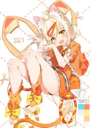 Rule 34 | 1girl, :d, absurdres, ahoge, animal ear fluff, animal ears, artist name, barefoot, blonde hair, blush, braid, cat ears, cat tail, commentary, fang, full body, hair ornament, highres, japanese clothes, kimono, legs, looking at viewer, multiple tails, open mouth, orange kimono, original, single braid, skin fang, smile, solo, spice mega, tail, thighs, toes, white background, zipper