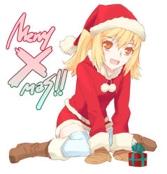 Rule 34 | 1girl, bobblehat, boots, box, brown footwear, christmas, full body, gift, gift box, hat, knee boots, looking at viewer, nakatomi ryo, nakatomi ryou, original, pom pom (clothes), santa costume, santa hat, simple background, sitting, solo, thighhighs, wariza, white background