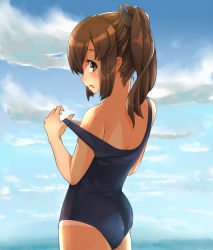 Rule 34 | 10s, 1girl, ass, brown eyes, brown hair, clothes pull, i-401 (kancolle), kanabun, kantai collection, one-piece swimsuit, one-piece swimsuit pull, open mouth, ponytail, school swimsuit, short hair, short ponytail, solo, swimsuit, tan, tanline