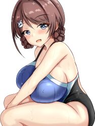 Rule 34 | 1girl, arm between legs, bare legs, bare shoulders, blush, braid, braided bun, breast rest, breasts, brown hair, chougei (kancolle), competition swimsuit, double bun, from side, grey eyes, hair bun, hair ornament, hairclip, highleg, highleg swimsuit, highres, kantai collection, large breasts, looking at viewer, medium hair, montemasa, one-piece swimsuit, open mouth, sideboob, simple background, sitting, smile, solo, swimsuit, wet, white background