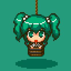 Rule 34 | 1girl, bucket, eruru (erl), female focus, green eyes, green hair, in bucket, in container, kisume, lowres, open mouth, pixel art, simple background, solo, touhou, twintails