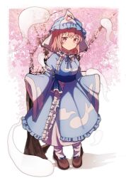 Rule 34 | 1girl, blue hat, blue kimono, brown footwear, cherry blossoms, closed mouth, frilled kimono, frills, full body, hat, highres, japanese clothes, kimono, mob cap, pink eyes, pink hair, saigyouji yuyuko, shoes, short hair, sleeves past fingers, sleeves past wrists, smile, socks, solo, standing, sweetpotatojelly, touhou, triangular headpiece, white socks, wide sleeves