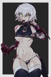 Rule 34 | 1girl, absurdres, arm belt, bandaged arm, bandages, black panties, blood, blood on clothes, blood on face, blood on hands, boots, breasts, dagger, facial scar, fate/apocrypha, fate/grand order, fate (series), galadysp, gloves, glowing, glowing eyes, green eyes, guro, heart, heart (organ), highres, holding, holding dagger, holding heart, holding knife, holding organ, holding weapon, jack the ripper (fate/apocrypha), knife, looking at viewer, lowleg, lowleg panties, panties, scar, scar across eye, scar on cheek, scar on face, shoulder tattoo, single glove, skindentation, small breasts, smile, solo, tattoo, thigh boots, tongue, tongue out, underboob, underwear, weapon