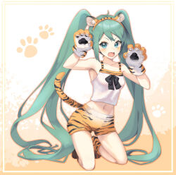 Rule 34 | 1girl, animal ear hairband, animal ears, animal hands, animal print, armpits, blue eyes, blue hair, claws, crop top, esy, fake animal ears, fake claws, fake tail, fang, gloves, hairband, hatsune miku, highres, kneeling, long hair, open mouth, paw gloves, paw shoes, shorts, solo, tail, tank top, tiger ears, tiger print, tiger tail, twintails, very long hair, vocaloid