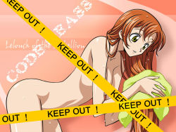 Rule 34 | 1girl, broccoli (company), caution tape, code geass, completely nude, convenient censoring, copyright name, galaxy angel, green eyes, keep out, leaning forward, long hair, nude, orange hair, parody, shirley fenette, solo, wet