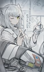 Rule 34 | 1girl, absurdres, arknights, blouse, blueprint (object), coat, commentary request, green eyes, grey hair, grey shirt, highres, holding, holding pen, indoors, lab coat, long hair, one eye closed, open clothes, open coat, owl ears, pen, ptilopsis (arknights), robot, sasahara (shou goi), shirt, solo, sweatdrop, table, translation request, upper body, white coat