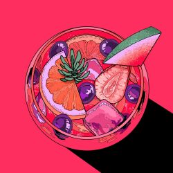 Rule 34 | cup, drink, food, food focus, fruit, ice, ice cube, minillustration, no humans, orange (fruit), orange slice, original, red background, shadow, simple background, strawberry, strawberry slice