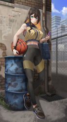 Rule 34 | 1girl, aqua eyes, bag, ball, bare shoulders, basketball, basketball (object), black footwear, black hair, black pants, blush, breasts, chain-link fence, closed mouth, commentary, commission, drum (container), english commentary, fence, full body, hair ornament, hairclip, highres, holding, holding ball, holding phone, large breasts, long hair, looking at viewer, multicolored hair, original, outdoors, pants, phone, shoes, shoulder bag, silvertsuki, smile, sneakers, solo, streaked hair, thighs, two-tone hair, wristband
