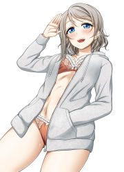 Rule 34 | 10s, 1girl, aqua eyes, arm up, bad id, bad pixiv id, blush, bra, brown hair, highres, jacket, long sleeves, looking at viewer, love live!, love live! sunshine!!, open clothes, open jacket, open mouth, orange bra, orange panties, panties, short hair, simple background, solo, suzume miku, teeth, underwear, unzipped, watanabe you, white background, zipper