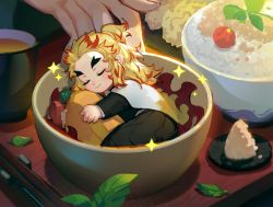 Rule 34 | 1boy, black pants, blonde hair, bowl, cape, chibi, closed eyes, closed mouth, colored tips, cup, demon slayer uniform, ecrsin, flame print, food, forked eyebrows, half updo, in bowl, in container, kimetsu no yaiba, leaf, light particles, long hair, long sleeves, male focus, mini person, miniboy, multicolored hair, hugging object, out of frame, pants, plate, plume, print cape, red hair, rengoku kyoujurou, rice bowl, sleeping, solo focus, sparkle, streaked hair, tea, tray, white cape, yunomi