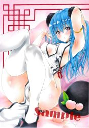 Rule 34 | 1girl, alternate costume, arim0k0, arm up, armpits, ass, black footwear, black hat, blue hair, blush, body blush, breasts, bun cover, china dress, chinese clothes, commentary request, double bun, dress, food, foot out of frame, fruit, hair bun, hat, highres, hinanawi tenshi, leaf, long hair, looking at viewer, medium breasts, no bra, no panties, open mouth, patterned background, peach, pink background, reclining, red eyes, sample watermark, shoes, sideboob, solo, thighhighs, thighs, touhou, traditional media, watermark, white dress, white thighhighs