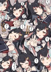 Rule 34 | 2girls, animal ear fluff, animal ears, black hair, black shirt, blush, choker, closed mouth, ear cleaning, fang, h (eitilog), hair ornament, hairpin, highres, hololive, multicolored hair, multiple girls, multiple views, ookami mio, ookami mio (1st costume), open mouth, red choker, red hair, sailor collar, shirakami fubuki, shirakami fubuki (1st costume), shirt, skin fang, smile, sneezing, streaked hair, upper body, virtual youtuber, white sailor collar, wolf ears, wolf girl