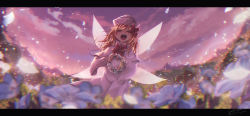 Rule 34 | 1girl, :d, artist name, blonde hair, blue flower, blurry, blurry foreground, bow, bowtie, capelet, chromatic aberration, closed eyes, cloud, commentary, commentary request, cowboy shot, dated, dawn, dress, english commentary, facing viewer, fairy, fairy wings, field, fisheye, flower, flower field, flower wreath, hair bow, hat, highres, holding, holding wreath, leaf, lens flare, letterboxed, lily white, long hair, long sleeves, mixed-language commentary, mountainous horizon, open mouth, outdoors, petals, red bow, red bowtie, sky, smile, solo, tami (joemanyodw), teeth, tongue, touhou, upper teeth only, white capelet, white dress, white hat, wide sleeves, wings